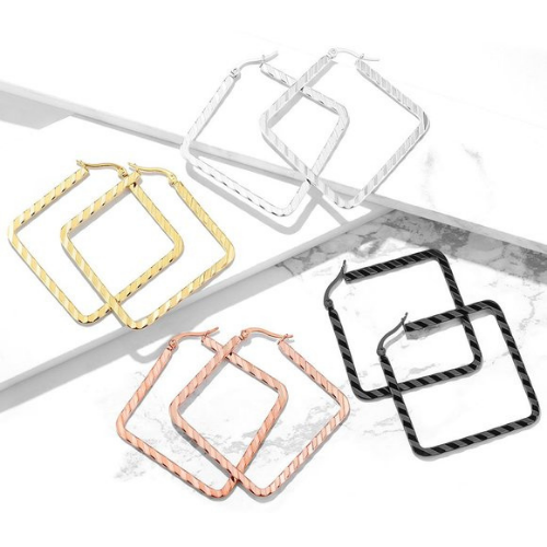 Pair of Wave Pattern Square Diamond Shaped Hoop Earrings