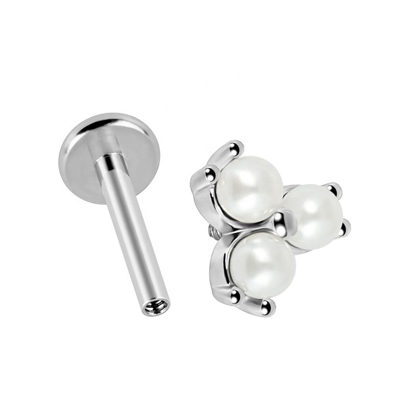 Triple Pearl Prong Set Internally Threaded Flat Back Tragus