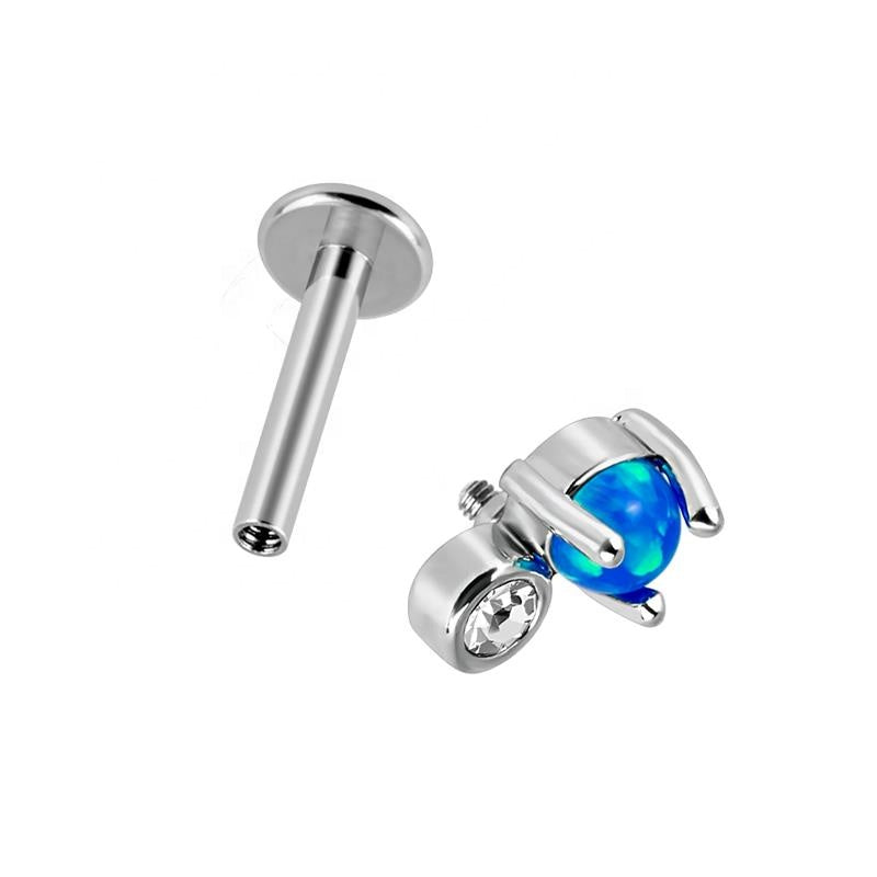 Blue Opal Stud with CZ Gem Internally Threaded Flat Back Tragus