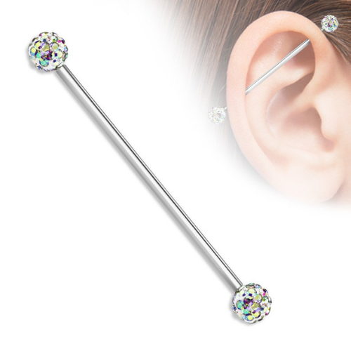 Aurora Borealis Crystal Paved Ferido Ball Industrial Barbell