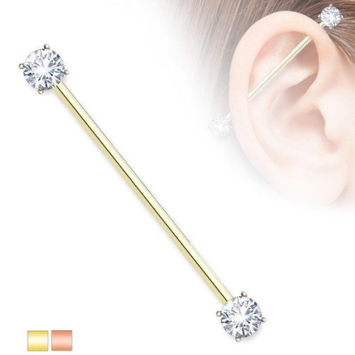 Gold Round CZ Prong Set Ends Industrial Barbell