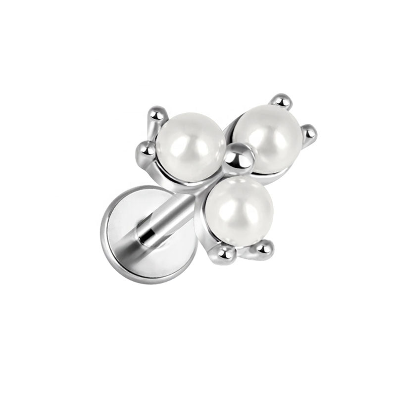Triple Pearl Prong Set Internally Threaded Flat Back Tragus