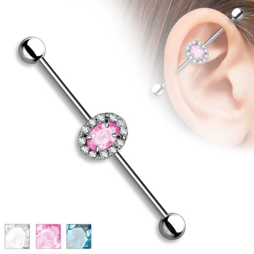 Oval Center Multi CZ Clear Gems Industrial Barbell