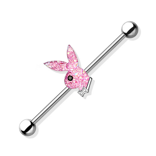 Pink AB Stone Playboy Bunny with Black Gem Eye Industrial Barbell