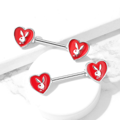 Pair Playboy Bunny Enamel Heart Nipple Rings