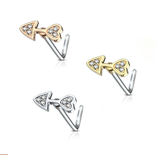 CZ Paved Arrow Heart L Bend Nose Stud Ring